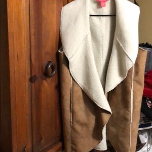 Suede and faux fur long vest/jacket